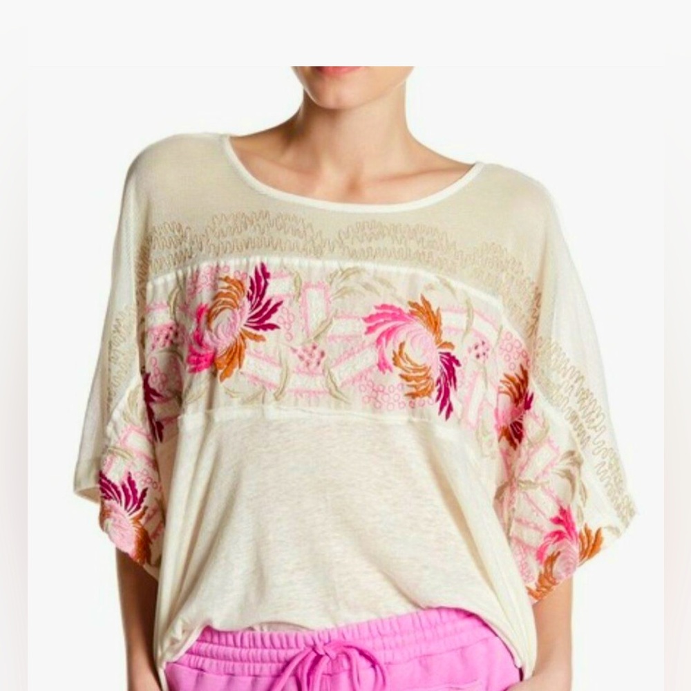 Free People Love Letter Embroidered Linen Blouse NWT L